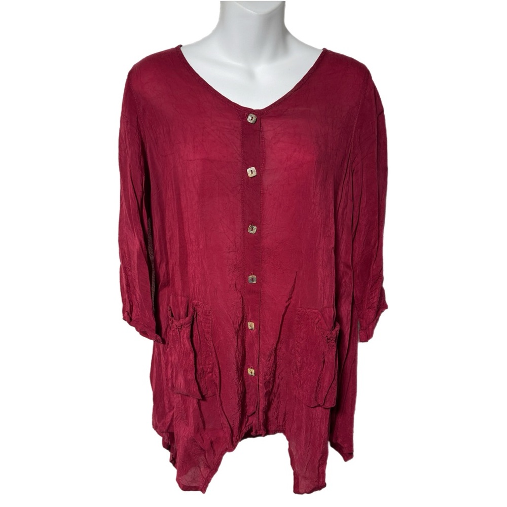 Click Color Me Cotton Red Crinkle Button Tunic To… - image 1